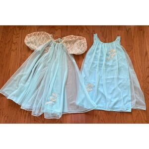 Vintage Movie‎ Star Blue Lace Gown Robe Cape Set Sheer Flowing Lingerie Sz Small